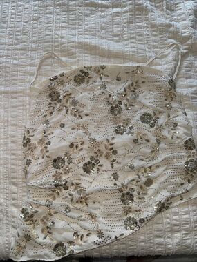 SHEIN White Sequin Floral Asymmetrical Tank Top